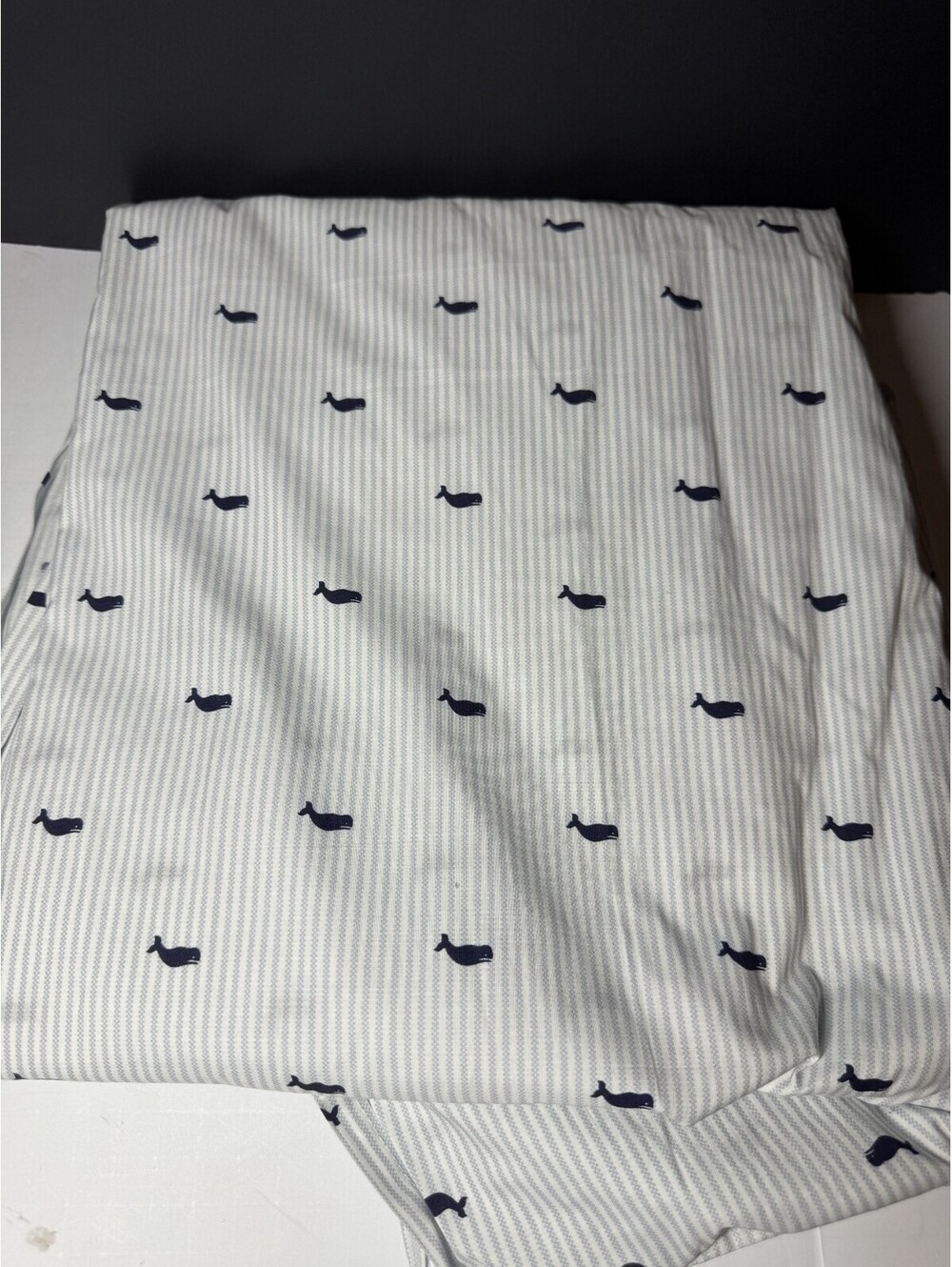Tommy Hilfiger Flat Bed Sheet KING White and Blue Pinstripe Whales 110" L 88" W